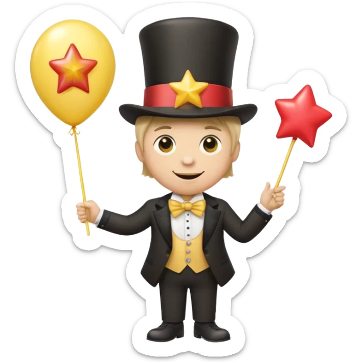 A yellow star with a small smile holding a balloon in his left hand and a lollipop in his right hand wearing a top hat  sticker