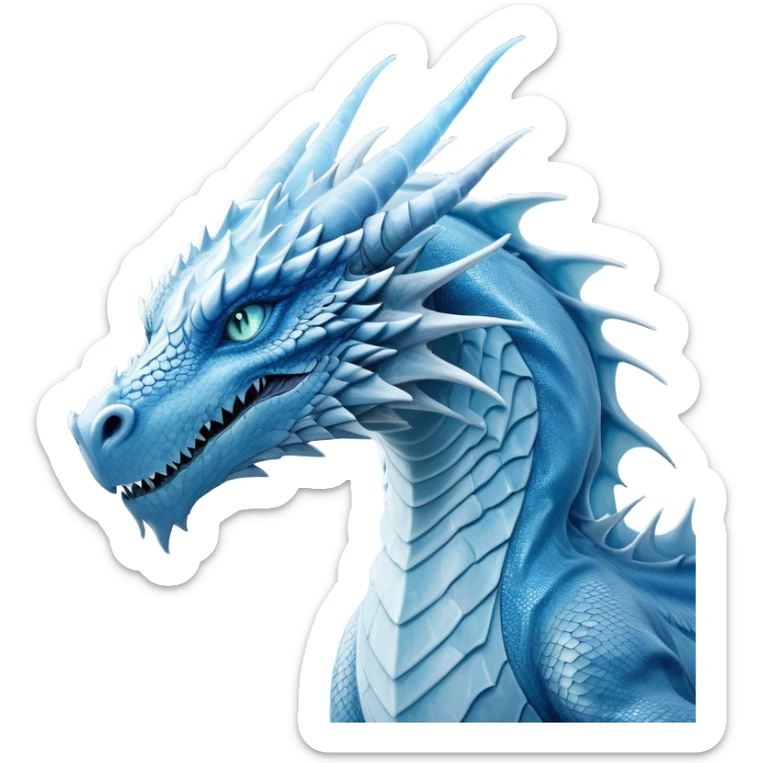 Cinematic Noble wise elegant Ice Dragon Portrait Emoji, Poised and imposing, distinct long elegant snout, with a slender, scaled body shimmering in glacial hues of icy blue, frostbitten silver, and crystalline white, breathing out frost, with piercing, glowing ice blue white eyes that radiate the chilling depths of an arctic storm; rendered in detail. excuding wisdom sticker