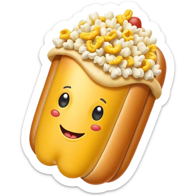 Merge an image of a popcorn kernwl with the graphical representaiton of the hotdog emoji. It can be bad and cringe sticker