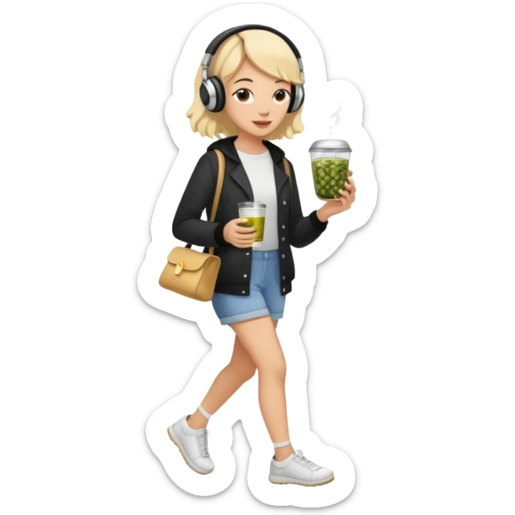a young woman full length walks with headphones on with a caviar sandwich in one hand and herbal tea in the other hand sticker