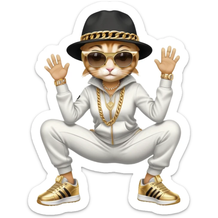 female cat wearing Run DMC hip-hop outfit with tracksuit, fedora, Adidas sneakers, dark sunglasses, many gold chains and bling accessories, break dancing sticker