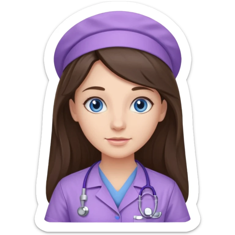 pretty brunette nurse with long hair and blue eyes in lilac scrubs sticker