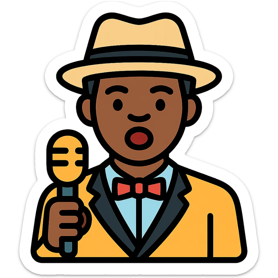 black jazz singer, 1940s, color outline icon sticker
