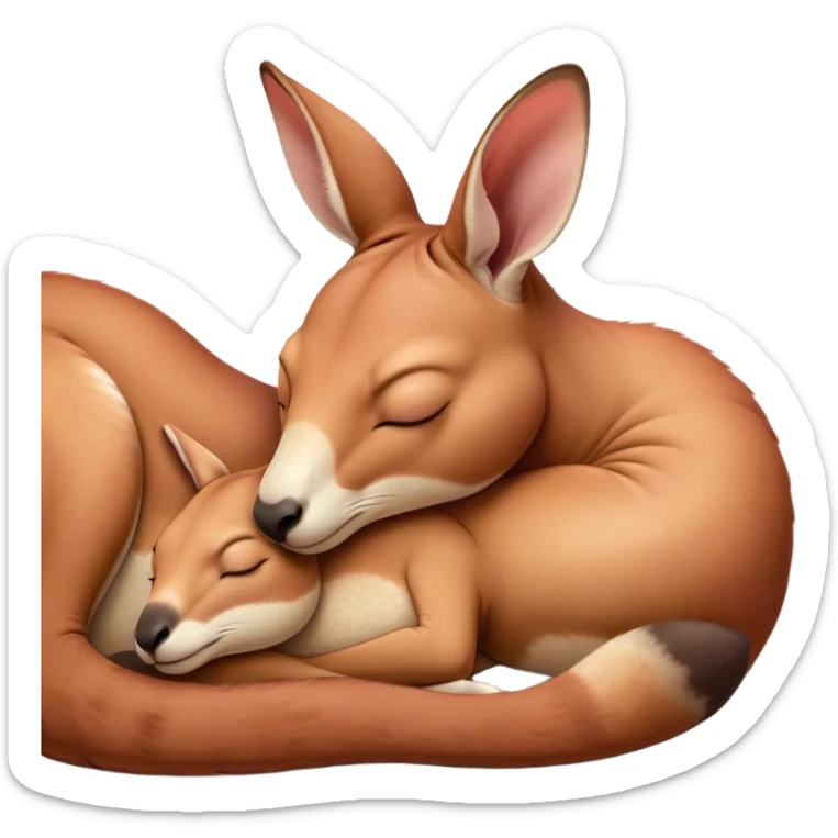 Meme-Worthy Cute Sleeping Adult Red Kangaroo Portrait Emoji, Head resting peacefully with a contented smile, showcasing a solid, reddish form with a characteristic red kangaroo-shaped head featuring a soft, elongated snout and small, relaxed ears, eyes shut in a serene, restful nap, Simplified yet adorably endearing features, highly detailed, glowing with a soft, drowsy outback light, high shine, relaxed and utterly lovable, stylized with an air of playful laziness, soft glowing outline, capturing the essence of a sleeping kangaroo that feels destined to become the next viral icon of adorable rest! sticker