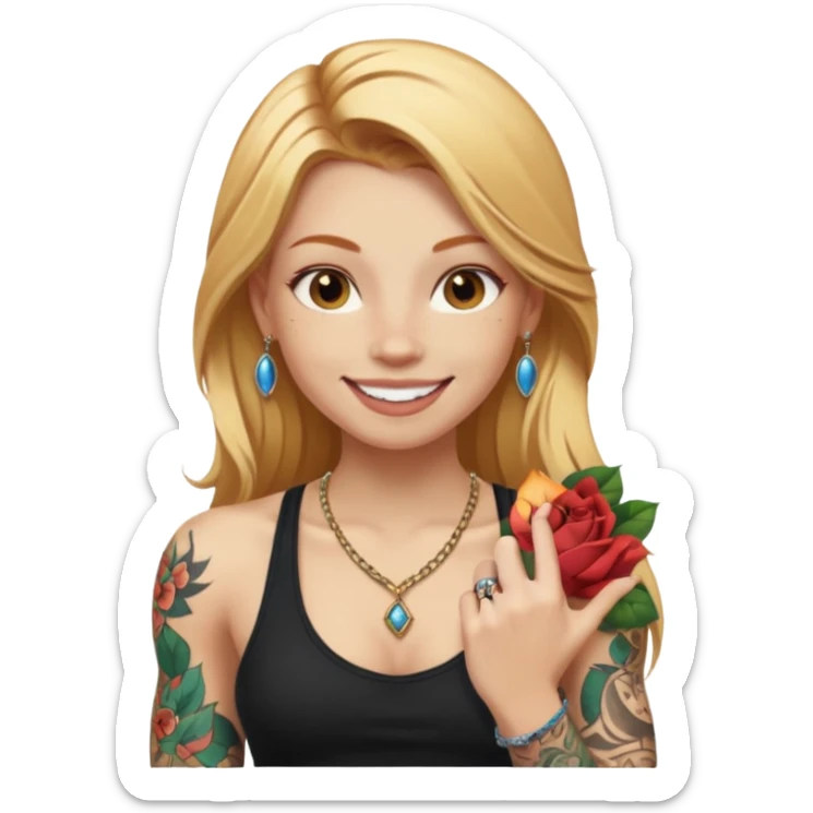 girl with long blonde hair and tattoos next to an athletic ginger girl jewelery sticker