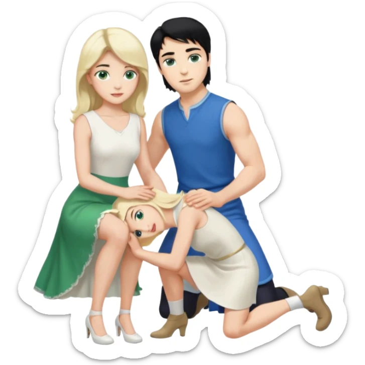 prince, upright, black Hair, blue eyes, garment,  Woman, bending knee, sleveless white dress, blonde hair, green eyes, sticker