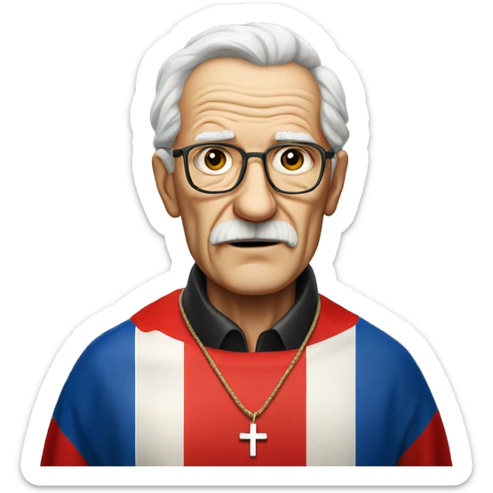 Old man wearing cross necklace in the background is the croatian flag sticker