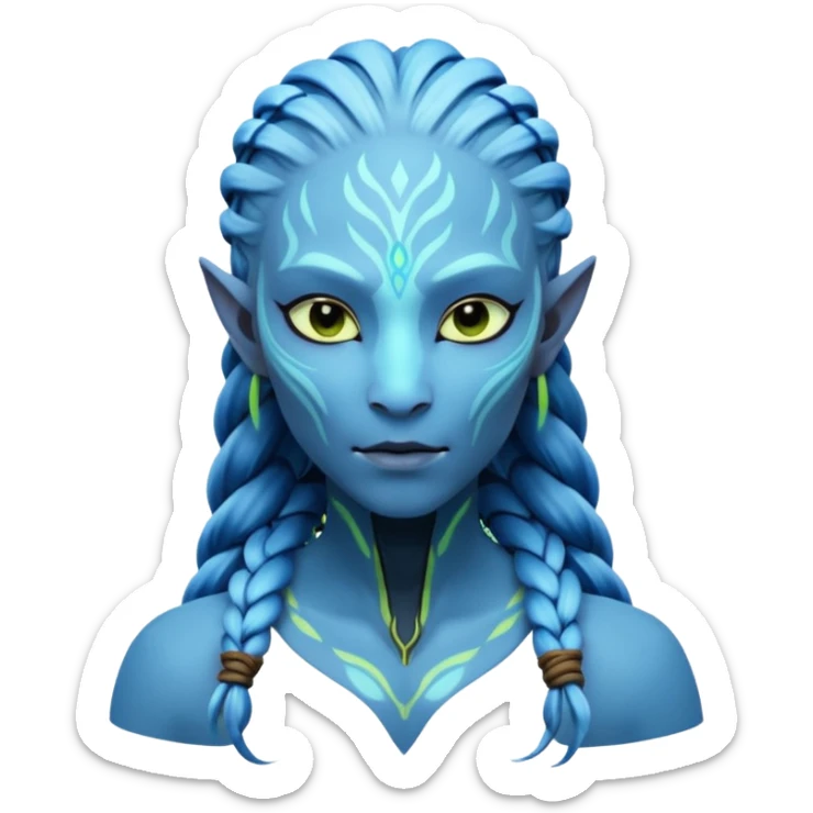 Na'vi character from Avatar movie, blue skin, bioluminescent facial patterns, long braided hair sticker