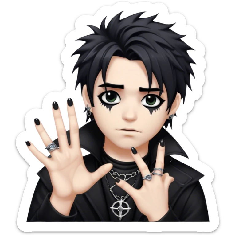 A gothic musician with jet-black messy hair, dark eyeliner, and silver rings on his fingers sticker