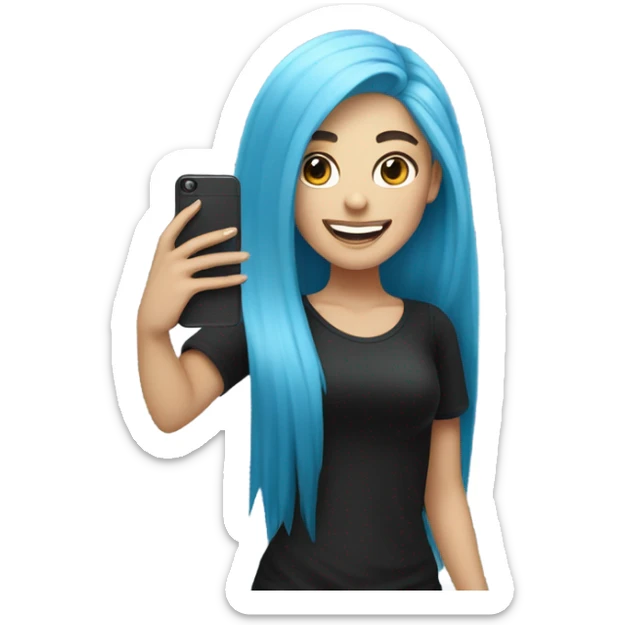 white skin girl with long blue hair in black clothes taking a selfie sticker