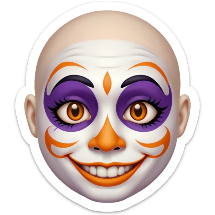 Juggalo smiley face that is Perfectly round and hairless with white skin with realistic human brown colored eyes and elaborate but symmetrical lined face paint that is orange outlined in dark purple sticker