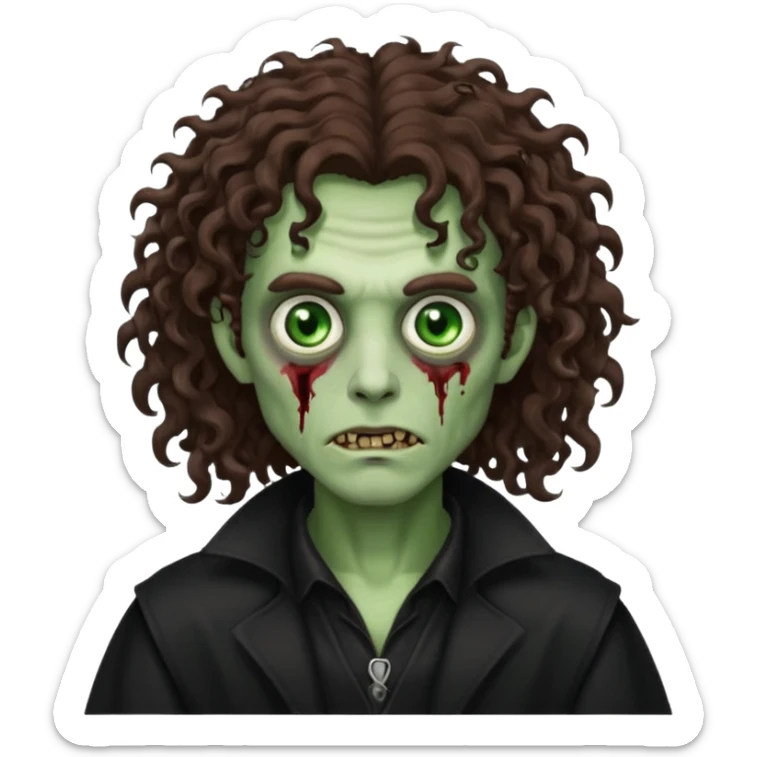long curly haired male zombie with brown hair color and green eye color, with dark vampire clothes sticker