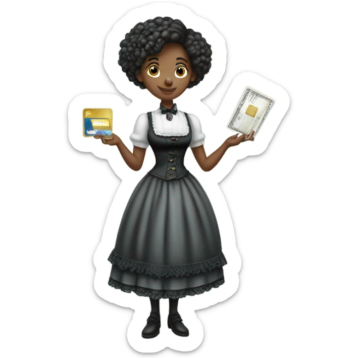 galora waitress Victorian dress elegant full body, holding big credit card sticker
