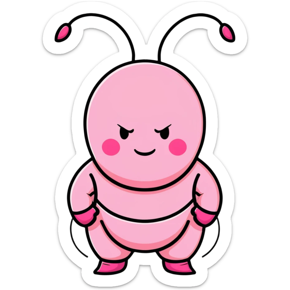 Majin Buu from Dragon Ball Z, pink round body with holes, antenna on head, innocent smile sticker