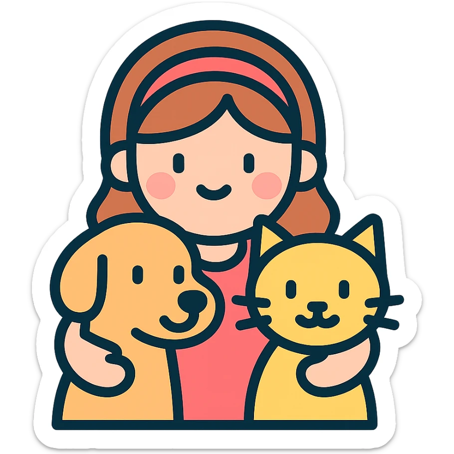 cute little girl hugging a cat and a dog, icon style, rounded shapes, soft pastel colors, friendly and approachable sticker