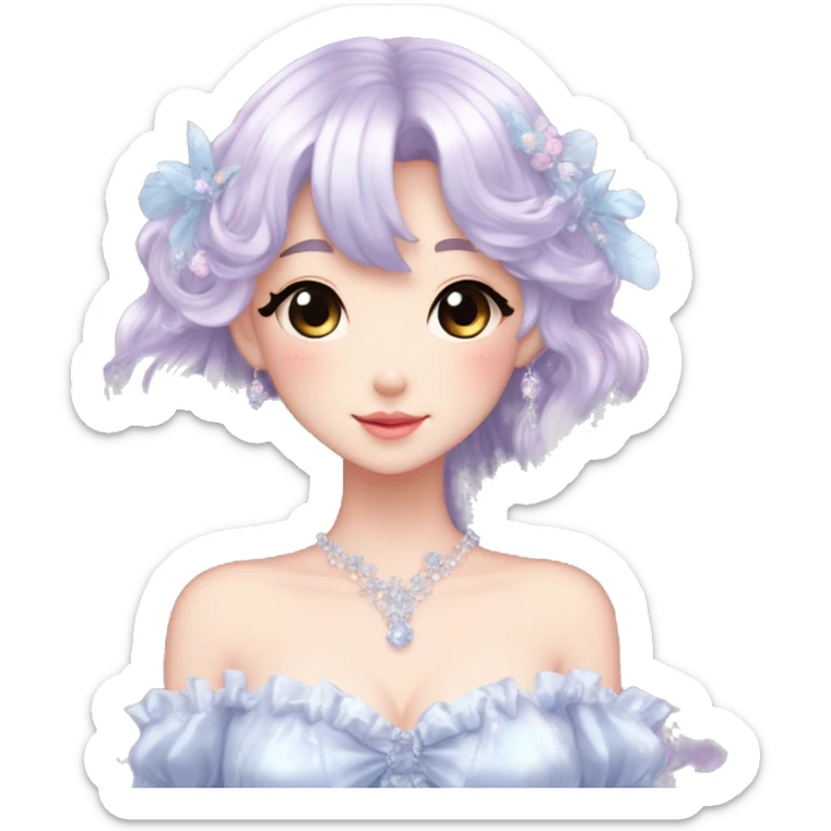 Dreamy pretty elegant kawaii shiny blushing shy anime lady kawaii beautiful hair naturecore fairycore cottagecore jewels trending aesthetic full body sticker