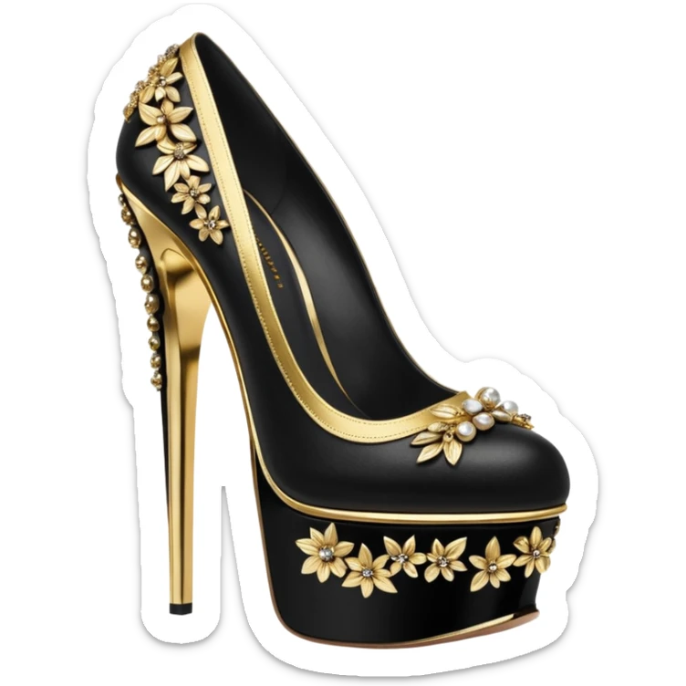 Alexander McQueen brand, black and gold high heel platforms, detailed embellishments. 8k, 5000x5000px, 3D rendering, realistic, isolated still life, no emoji faces no emoji icons no human figures  sticker