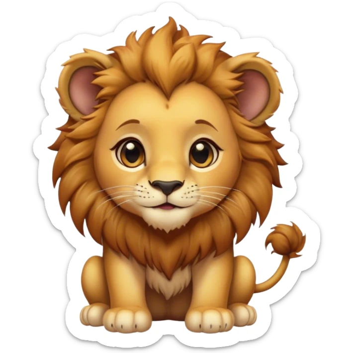 Cinematic Cute Lion Cub Portrait Emoji, Head tilted playfully and inquisitively, featuring a glossy tawny Fur with a lush mane and round, sparkling amber eyes filled with curious mischief, Simplified yet irresistibly adorable features, highly detailed, glowing with a warm, friendly glow, high shine, affectionate and spirited, stylized with a touch of jungle whimsy, bright and endearing, soft glowing outline, capturing the essence of a mischievous yet loving Lion Cub, so playful it feels like it could pounce out of the screen and into your arms! sticker