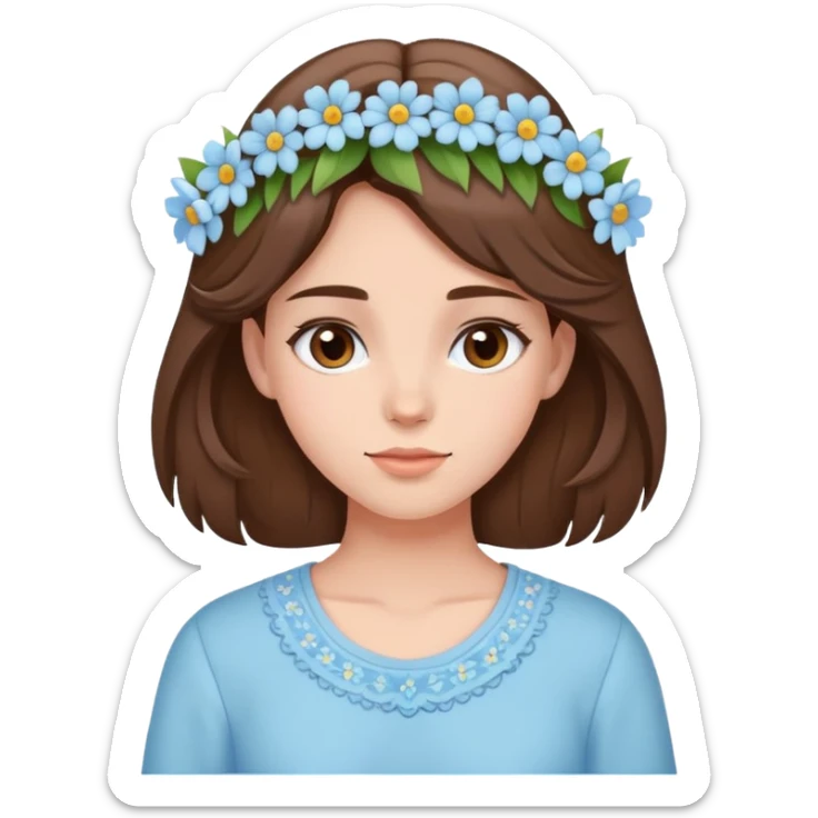 brunette girl with brown hair wearing pastel blue clothes with flowers in her hair sticker