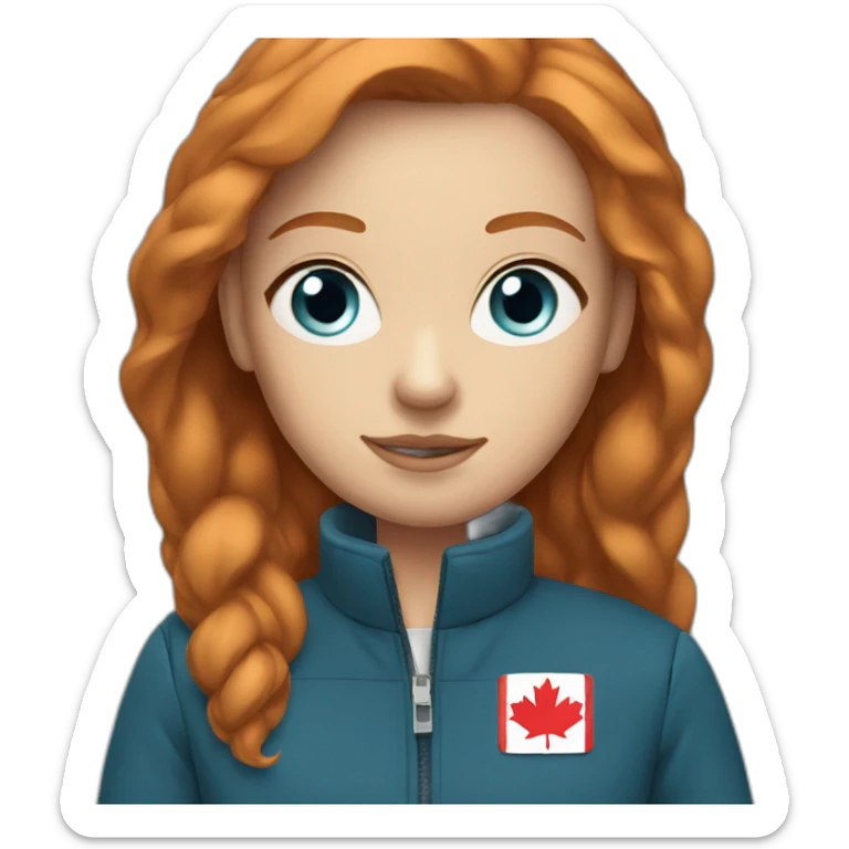 Straight ginger hair and blue eyes woman with a Canadian jacket sticker