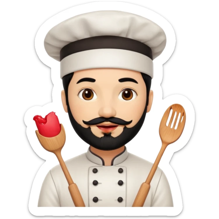 CHEF CON PELO NEGRO Y BARBA NEGRA, OJOS MARRON OSCURO. SONRIE Y TIENE MARCAS DE BESOS CON PINTALABIOS EN FORMA DE LABIOS sticker