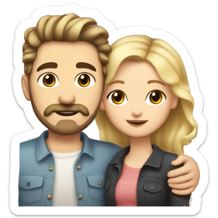 White girl with dark lash line and blonde highlights in her hair, hugging a white guy with short dark brown curly hair and a mustache and face beard trimmed  sticker