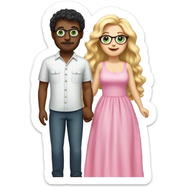 Curvy woman with long blonde hair and green eyes wearing a pink dress and holding hands with a brown man with short curly black hair and glasses sticker