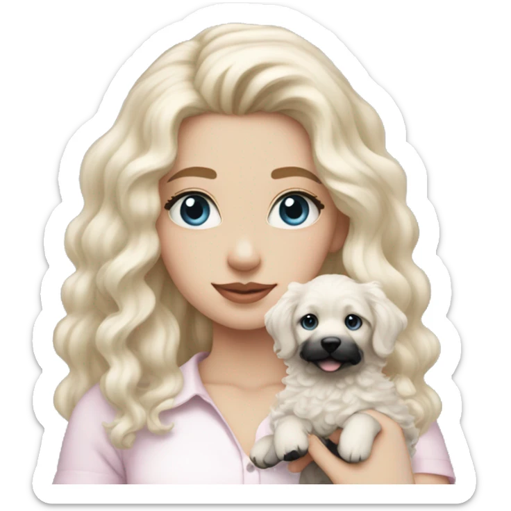 pale blonde girl with long platinum white wavy hair with blue eyes and wearing a light pink shirt holding a black and white curly haired puppy sticker