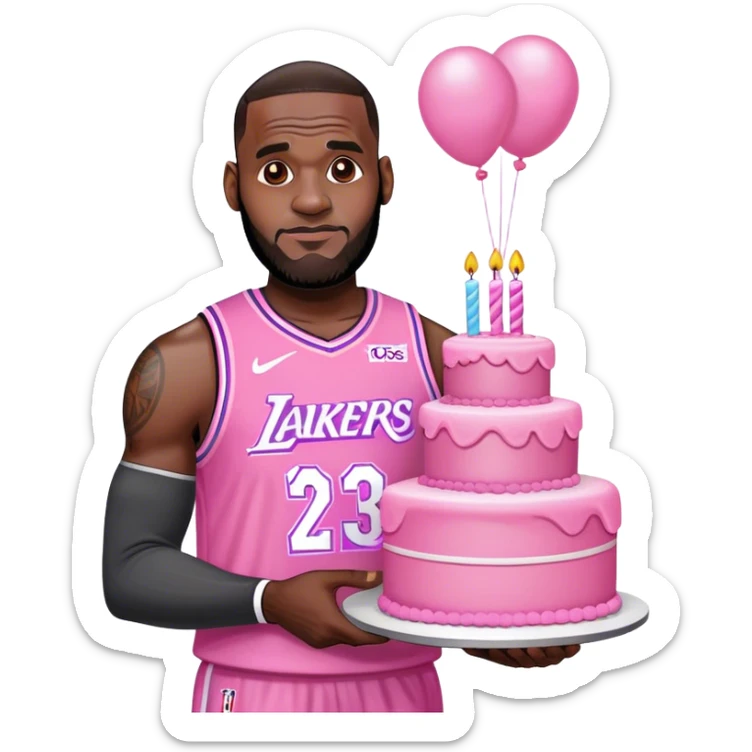 Lebron James wearing his jersey holding a pink pretty birthday cake sticker