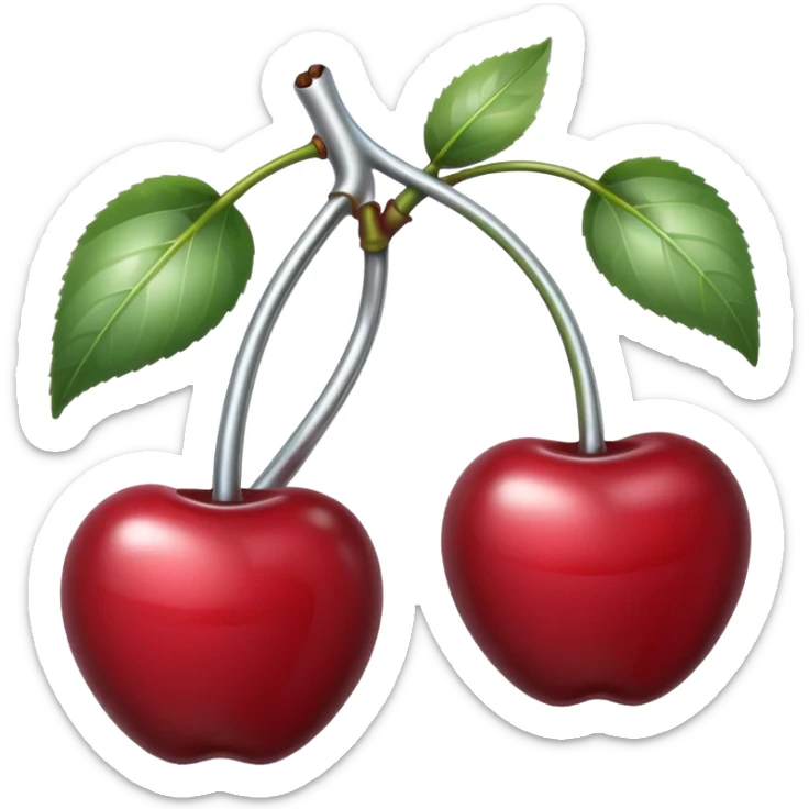 A pair of cherries emoji made of polished silver chrome, smooth rounded shapes, glossy metallic finish, soft highlights and reflections, cute proportions, iOS emoji style, centered, clean white background, no text sticker