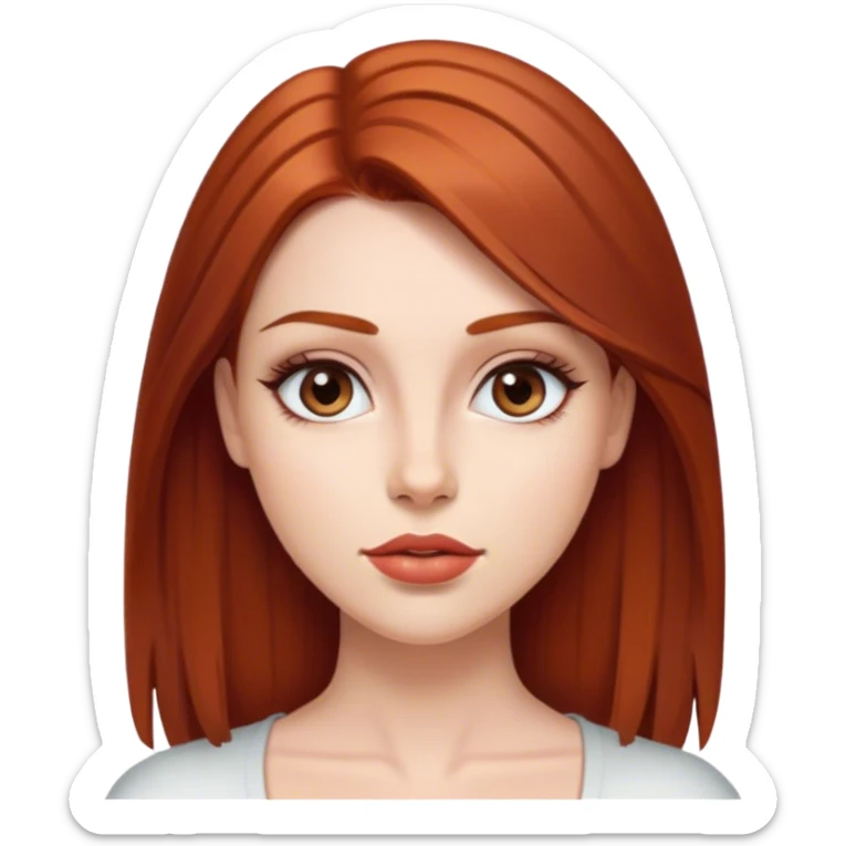 mujer con piel clara, cabello de longitud media, liso y tono rojizo . Sus ojos son grandes y marrones, con cejas bien definidas y labios de tono natural. sticker