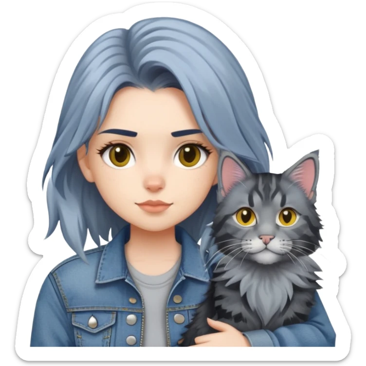 girl with black and yellow hair wearing denim jacket with gray maine coon cat sticker