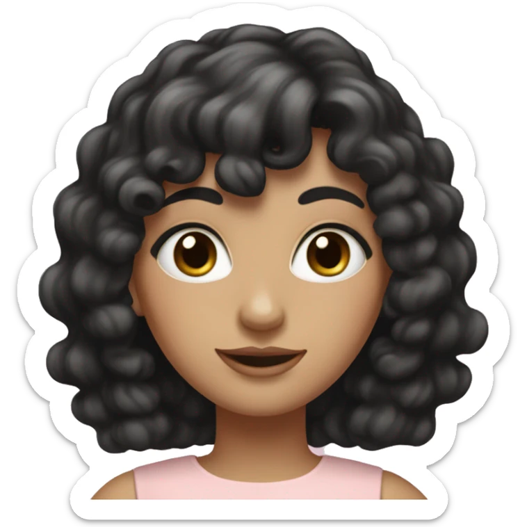 White woman with long black curly hair and bangs and dark brown eyes, wearing a pastel pink dress sticker