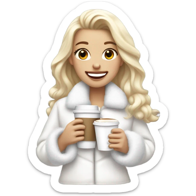 pretty blonde girl wearing white fluffy jacket and a coffee to go in hand all dress white and a white bow on hair sticker