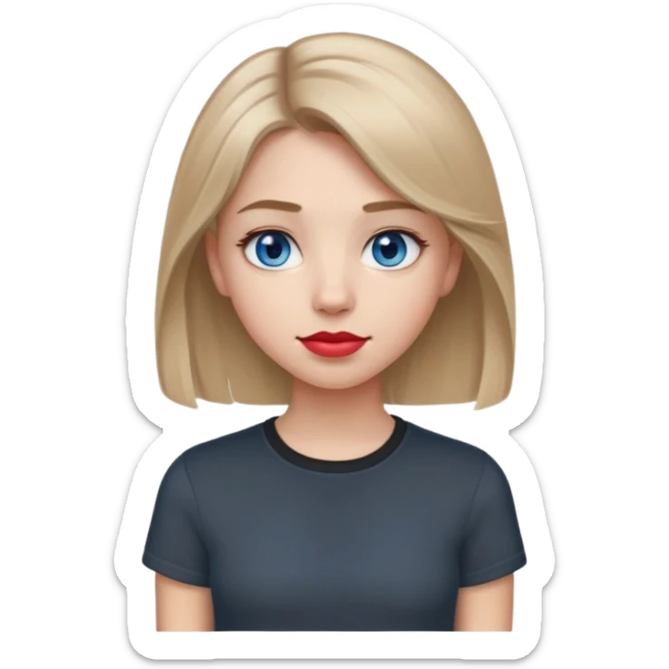 Emoji teenage girl, ash darker almost brown blonde hair, blue eyes, black shirt, hair a little longer than over shoulders, red pinkish lips, blue grey eyes sticker