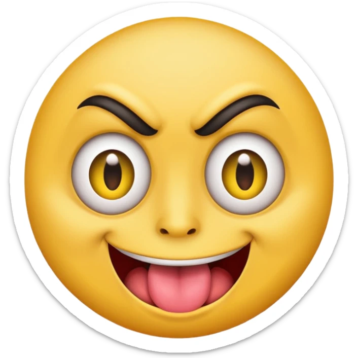 A yellow round face emoji smirking with its tounge out but the eyes are evil and kind of crazy and the eyebrows are turned in but one is raised  sticker