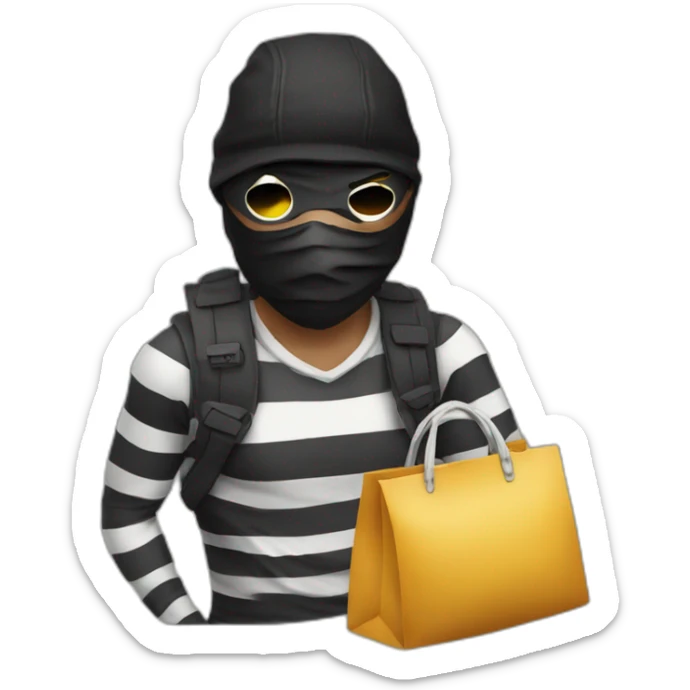 a bandit in striped clothes and a black mask over his eyes, carries a bag of money behind his back sticker