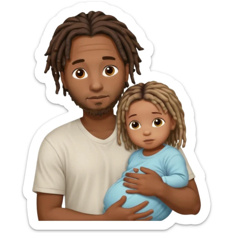 African Dad with short dread locs, with his baby girl in arm, babys face is not seen, baby has brown skin sticker