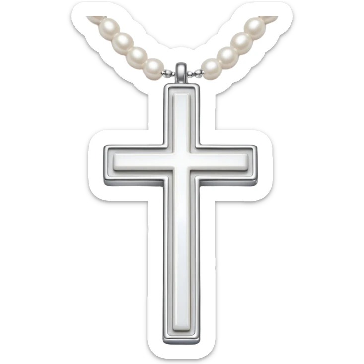 Elegant emoji icon of a white cross made of white beads, glossy surface, and white bead chain subtle shadows, pure white palette sticker