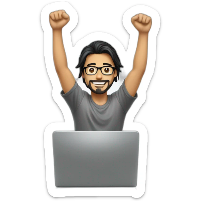 a young man with long black hair, with goatee, wearing glasses sitting with a computer, his arms up, cheering sticker