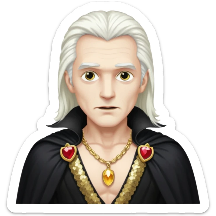 Dracula with long white hair, black sequin baggy pants, shirtless with necklace, black sequin cape sticker