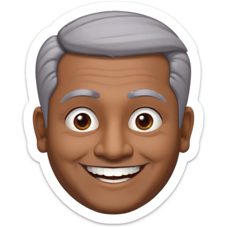 50 yr old indian man, dark skin, grey hair, big smile, white teeth, chubby, no moustache, clean shaven, young style hair, bindy, hair brushed up sticker