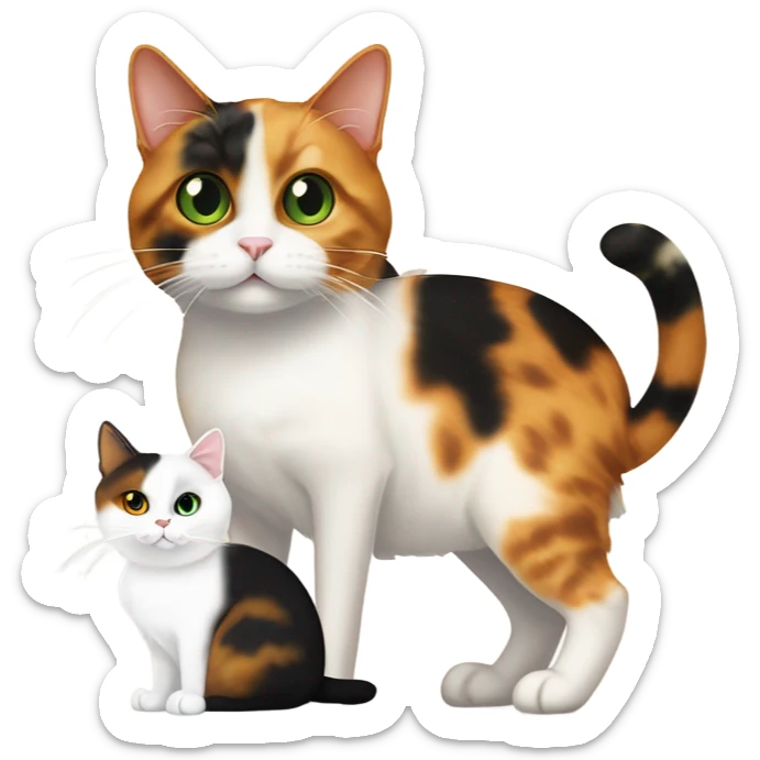 caliby-and-white cat with white paws and green eyes, next to a skinny dark tortoiseshell cat with orange eyes and a cream colored marking above its mouth sticker