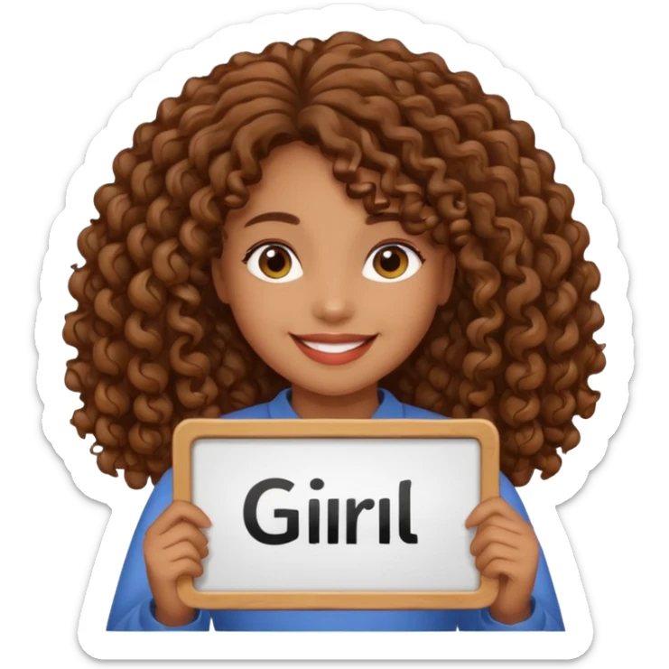 A girl with medium brown skin and long curly holding a sign saying good girl sticker