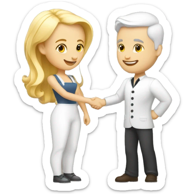 adult restaurant owner with white skin and blogger with white skin and blonde hair shaking hands in full height sticker