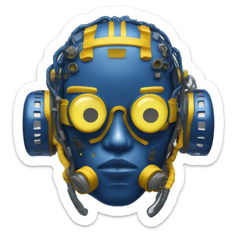 Dark Blue curly hair cyborg head with yellow respirator mask and circuitry sticker