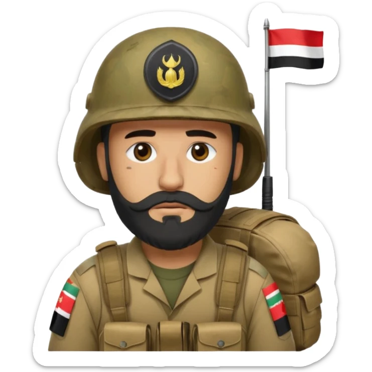 A very tired and sad, swarthy Iraqi soldier with a beard, an Iraqi flag on his helmet, a sad expression and bags under his eyes sticker