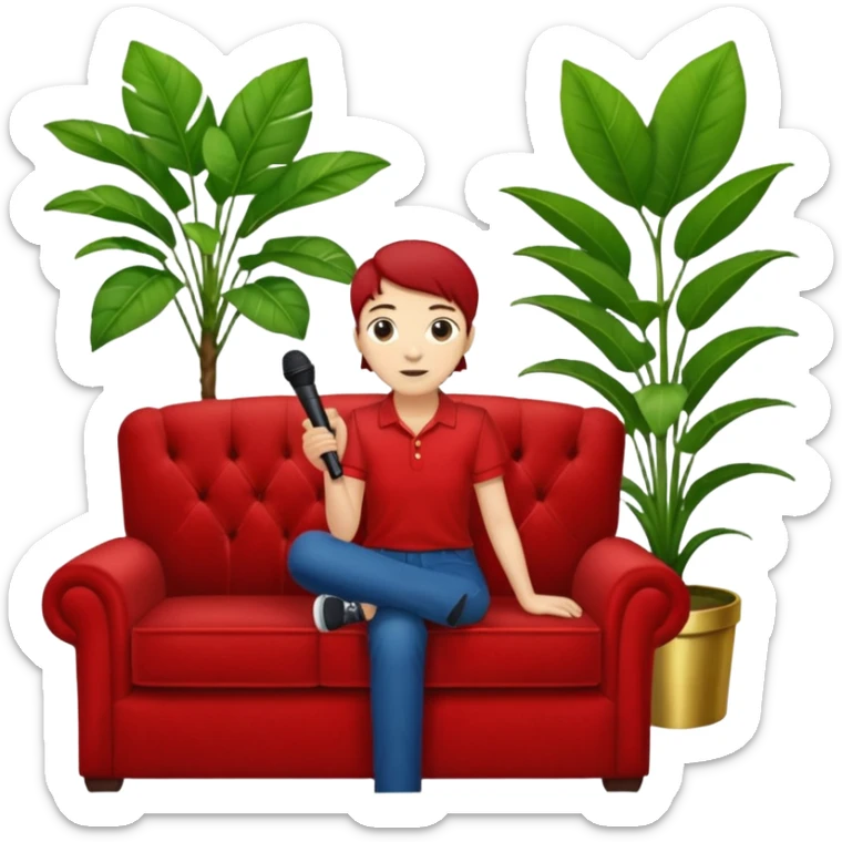 red velvet luxury couch with a single stand mic in front and houseplant in back sticker