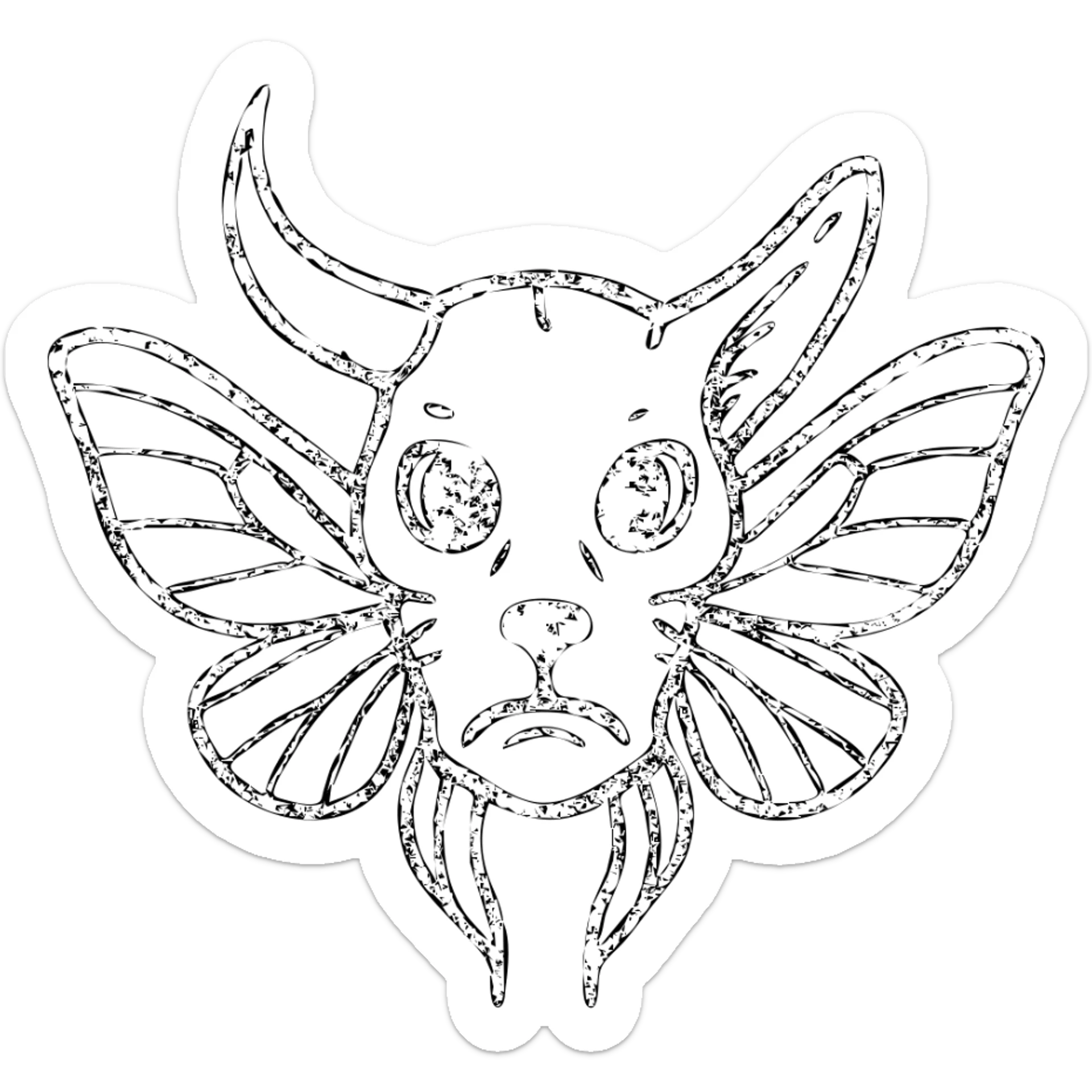 a terrifying minimal red line art of just a head (no body) combining minotaur skull with broken horn, stoat features, frog mouth, with moth wings sprouting directly from the skull, transparent hollow center, distressed appearance with deliberately missing sections, worn texture, sparse red lines only sticker