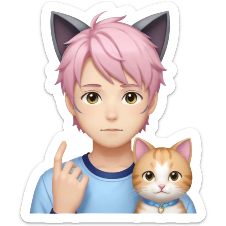 Shiny Blushing Cute Beautiful Shota Anime Man with Cat Ears Trending Style Cottagecore Pastelcore  sticker